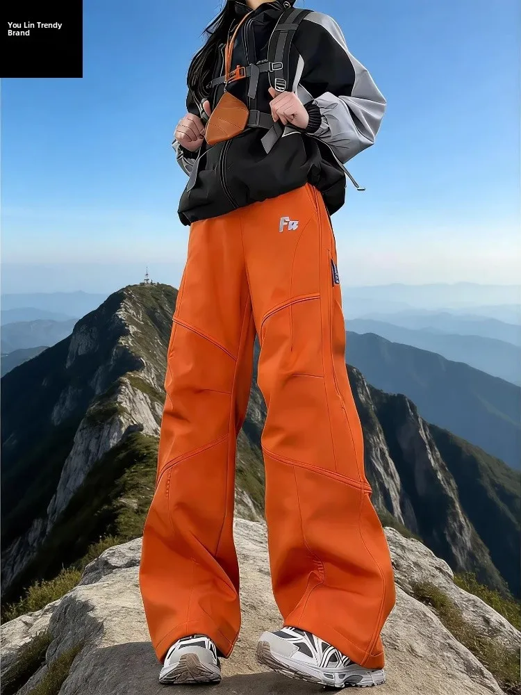 Pantalones de trabajo impermeables con forro polar, resistentes a desgarros, color naranja, para deportes al aire libre, senderismo, invierno y uso casual.