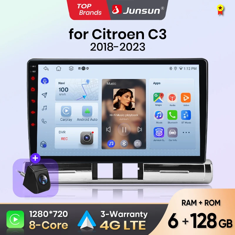 Autoradio Android Auto Junsun pour Citroen C3 2018 2019 2020 2021 2022 2023, système intelligent multimédia sans fil Apple CarPlay, écran tactile IPS, lecteur vidéo stéréo, autoradio 2 Din, navigation BT GPS 4G WIFI FM AM DSP RDS SWC
