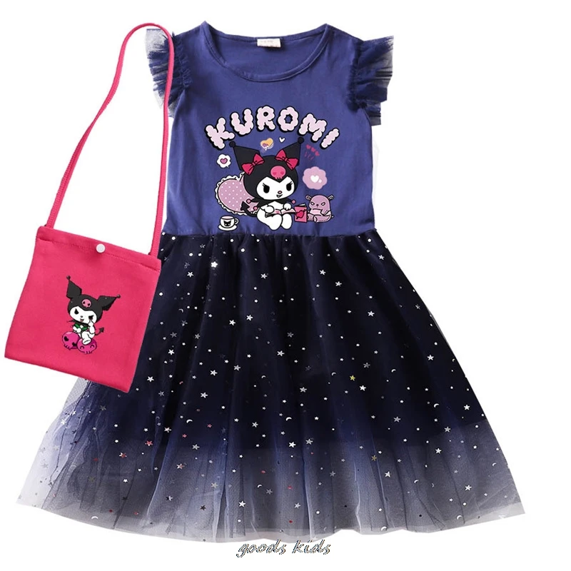 Lovely Kuromi Melody Print Dress Clothes Baby Girls Casual Dresses with Small Bag Kids Cartoon Wedding Party Princess Vestidos