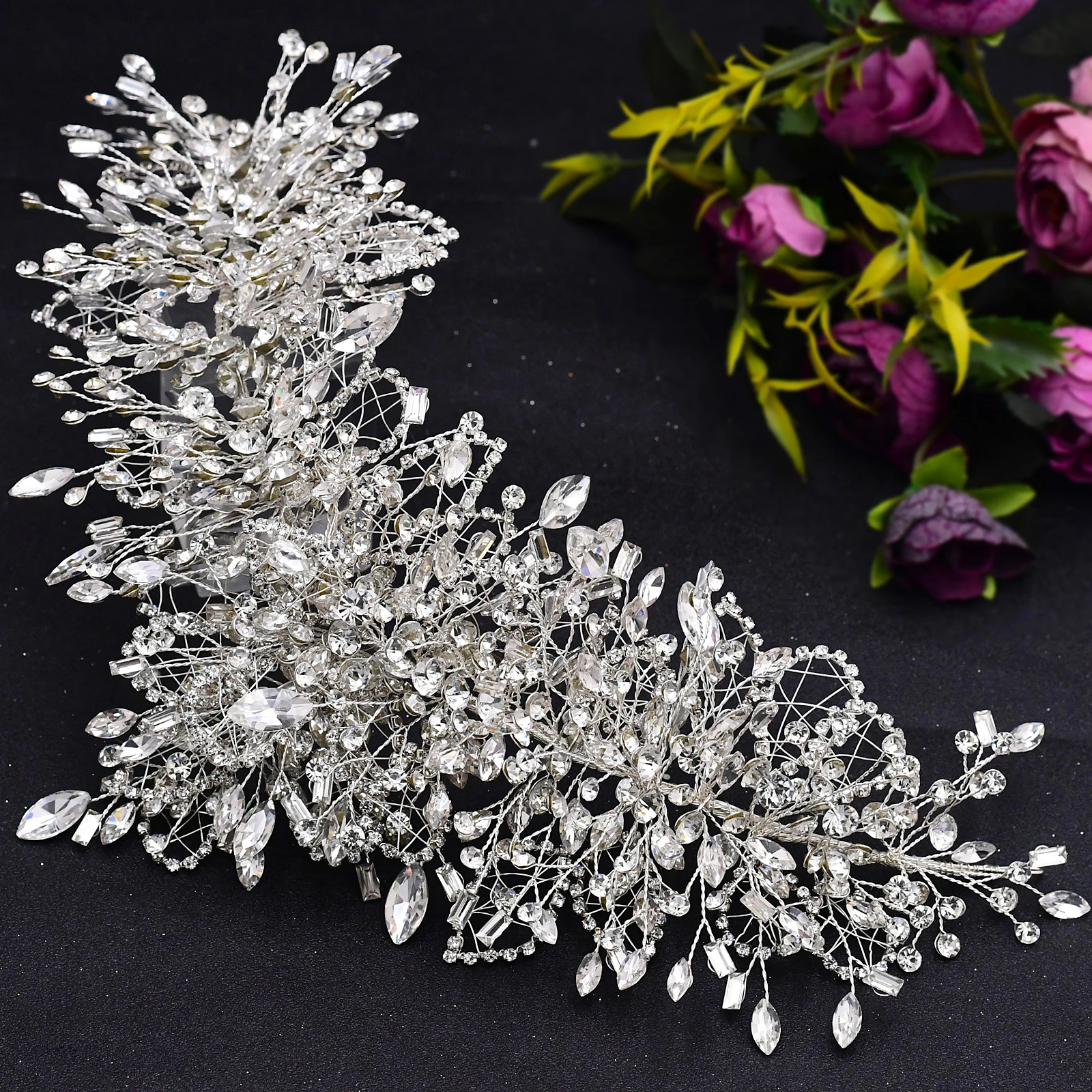 Tiara da sposa in argento con strass che borda lussuoso Set di gioielli con testa a corona da sposa copricapo e orecchini abito da principessa originale