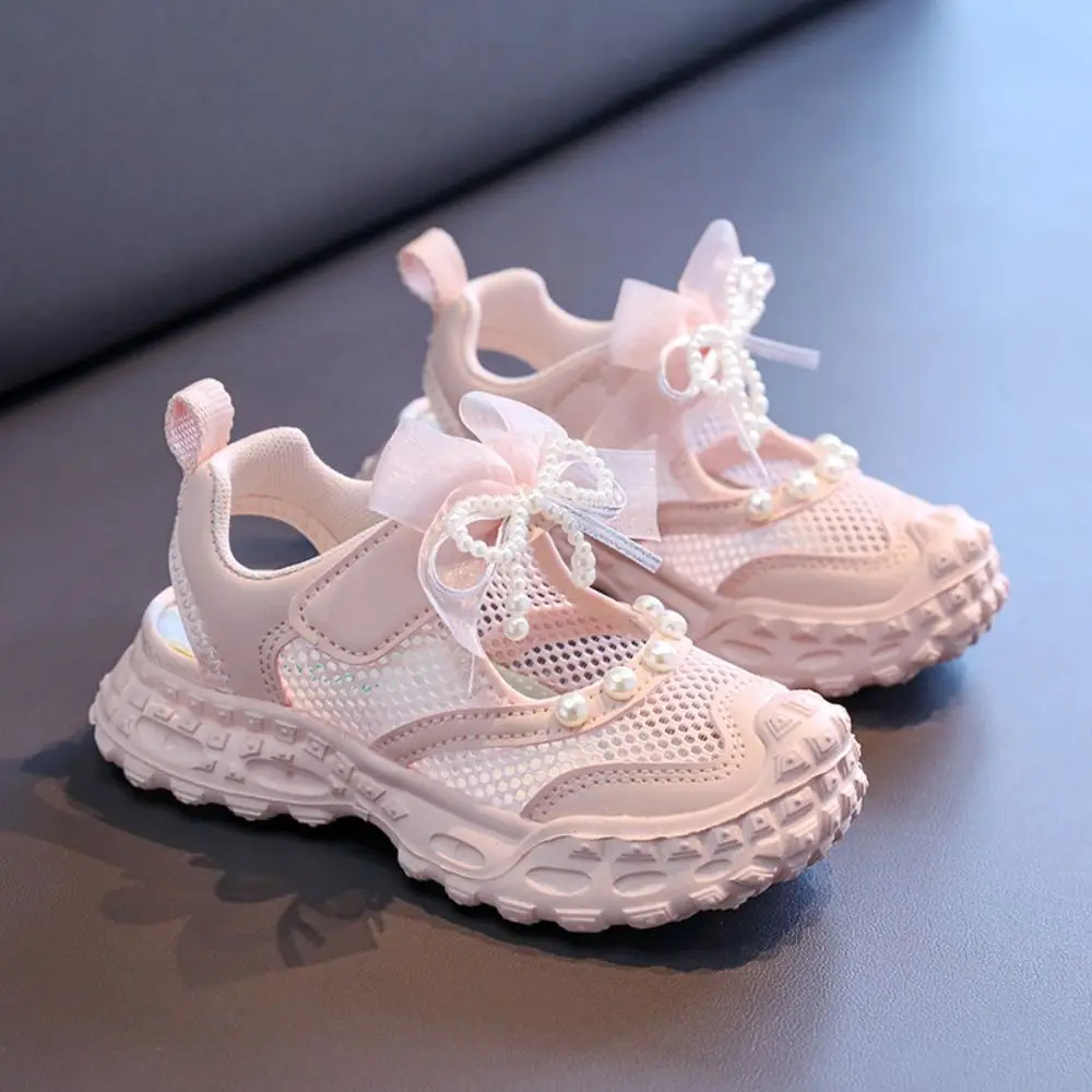 New Bows Pearls Girls' Princess Sandals Breathable Comfortable Children Baotou Shoes Casual Non-slip Mesh Sneakers Summer