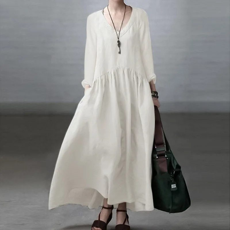 Elegant Solid Color Cotton Linen Long Dress For Women Spring Autumn Casual V Neck Full Sleeve Maxi Dresses Simple Robe Femme