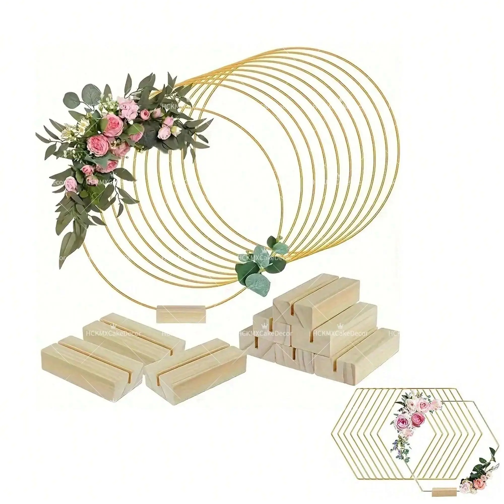5 Piezas de Aros Florales de Alambre Dorado con Base de Madera, Decoración para Centros de Mesa de Boda, Soporte Redondo/Hexagonal para Flores
