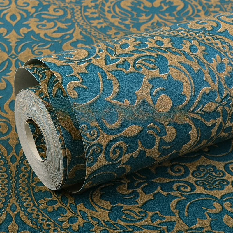 Vintage style dark blue luxury palace pattern waterproof maintenance free PVC wallpaper roll