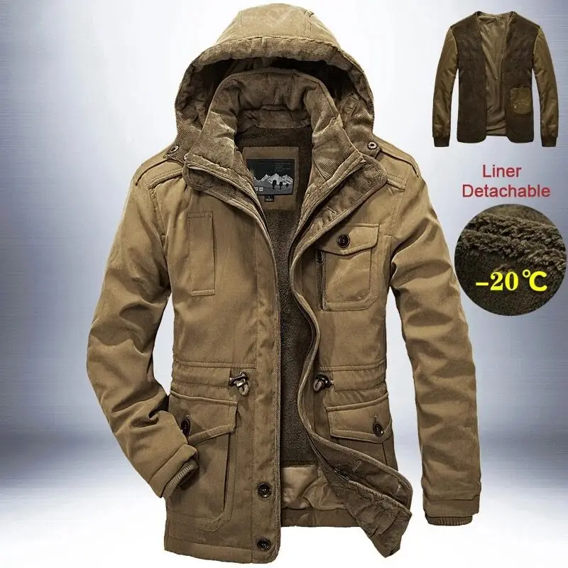 

Mens Outdoor Windbreaker Winter Down Jacket Men Thick Warm Parkas Coats Cashmere Liner Detachable 2 in1 Multi-pocket Outwear 4XL