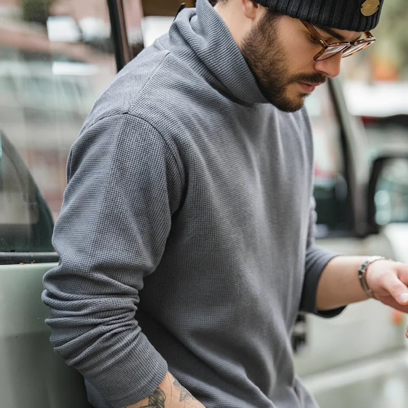 Maden Casual Gray Knitted Turtleneck Sweaters Men\'s Vintage 310g High Collar Waffle Pullovers Basic Fashion Black Warm Jumper