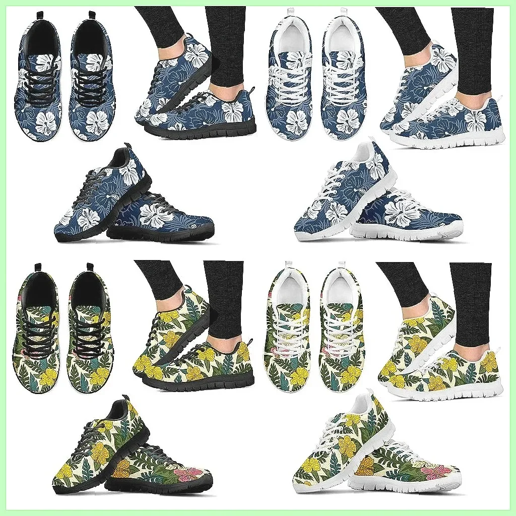 Women's Blue Hawaiian Sneakers Tropical Hibiscus Palm Leaf Print Casual Fashion Shoes