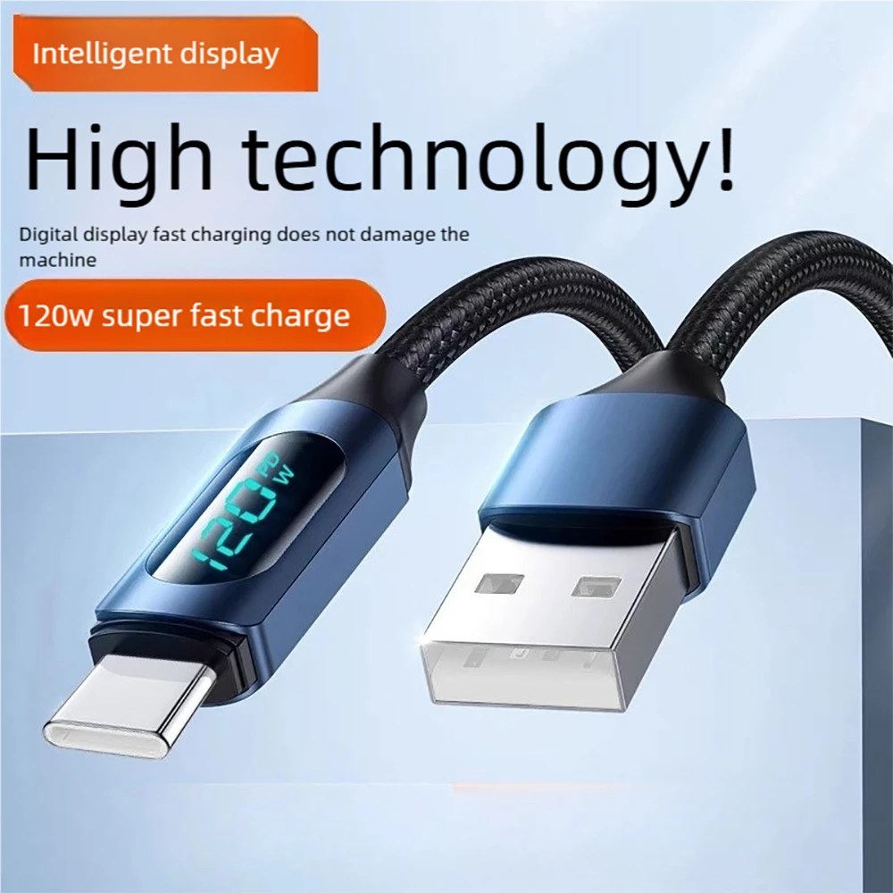6A 120W USB-C Data Cable USB A To Type C Fast Charging Cord For iPhone Samsung Xiaomi Huawei Digital Display Quick Charge Cable