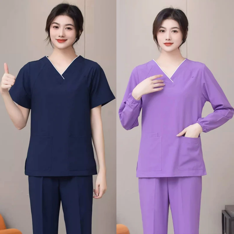 Elasticità Scrub Set manica corta abbigliamento infermieristico donna uniforme medica manica lunga abbigliamento medico abbigliamento da lavoro dentista asciugatura rapida