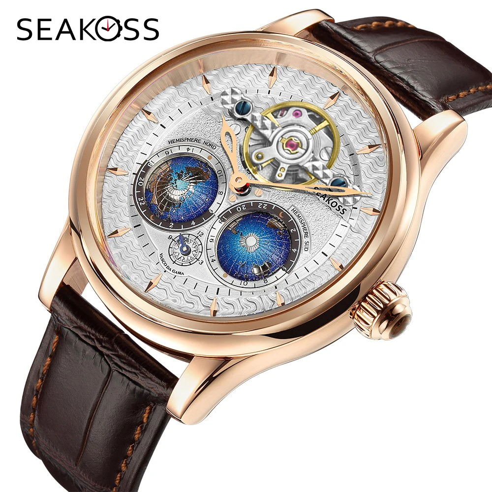 SEAKOSS Luxury Double Earth Rotating Men\'s Mechanical Watch Automatic Movement Waterproof Clock Pilots Men 1963 Flywheel Watches