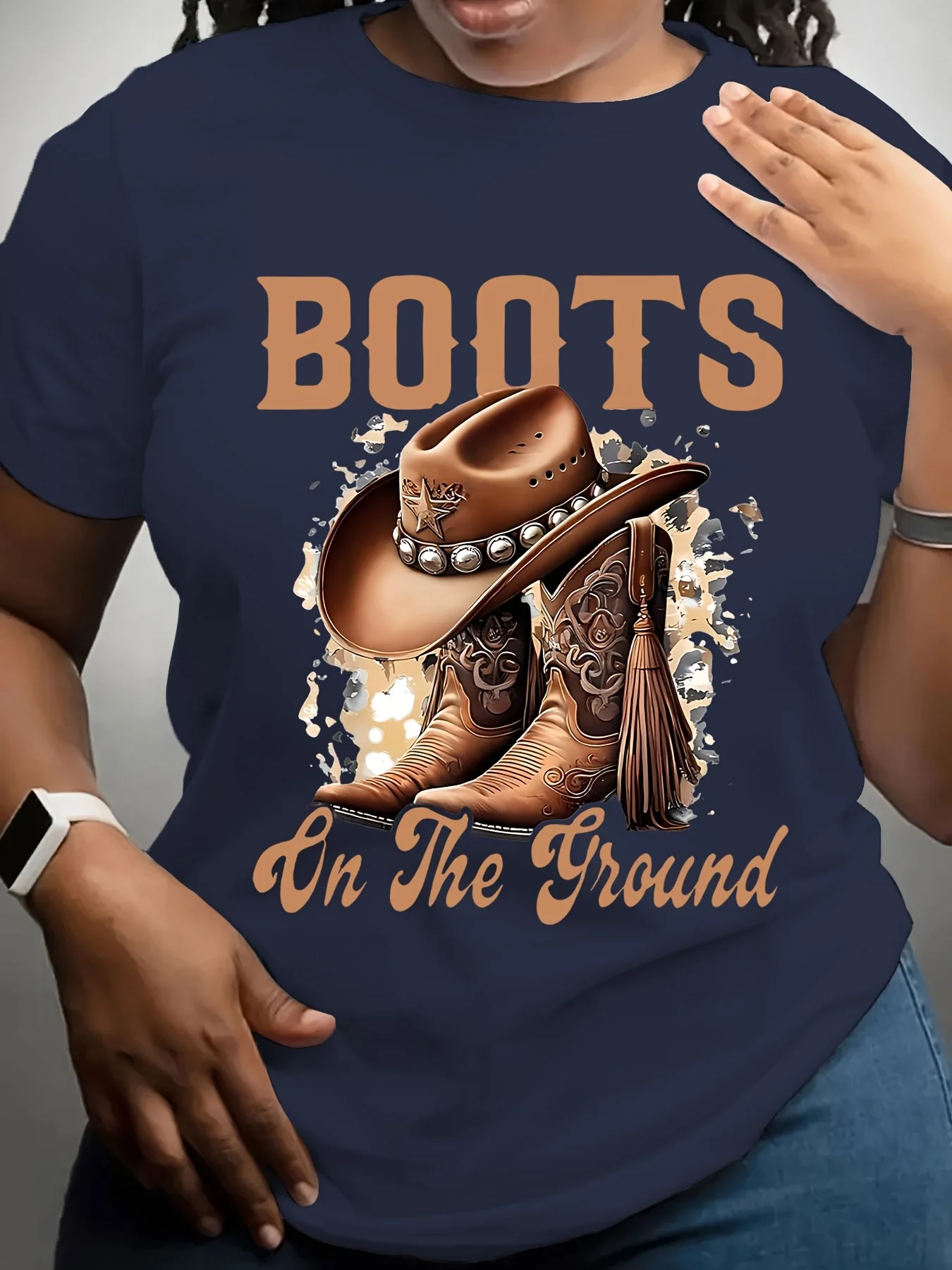 Women's Boots On The Ground Graphic T-Shirt Casual Short Sleeve Round Neck Top with Western Cowboy Boots & Floral Print