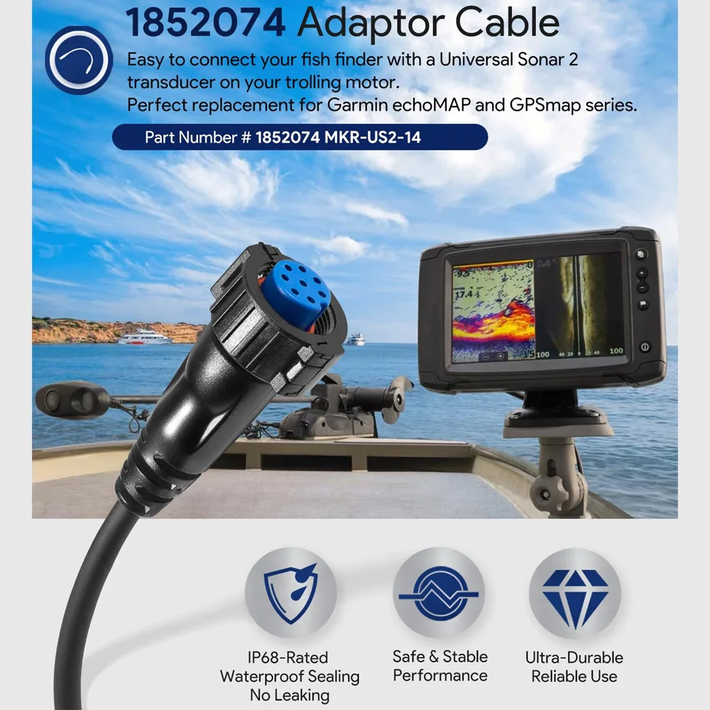 1852074mkr-us2-14：garmin-echomap-gpsmap-livescope製のチャートプロッターや魚群探知機に接続するための、トローリングモーター用ユニバーサルソナー2アダプターケーブル。-﻿