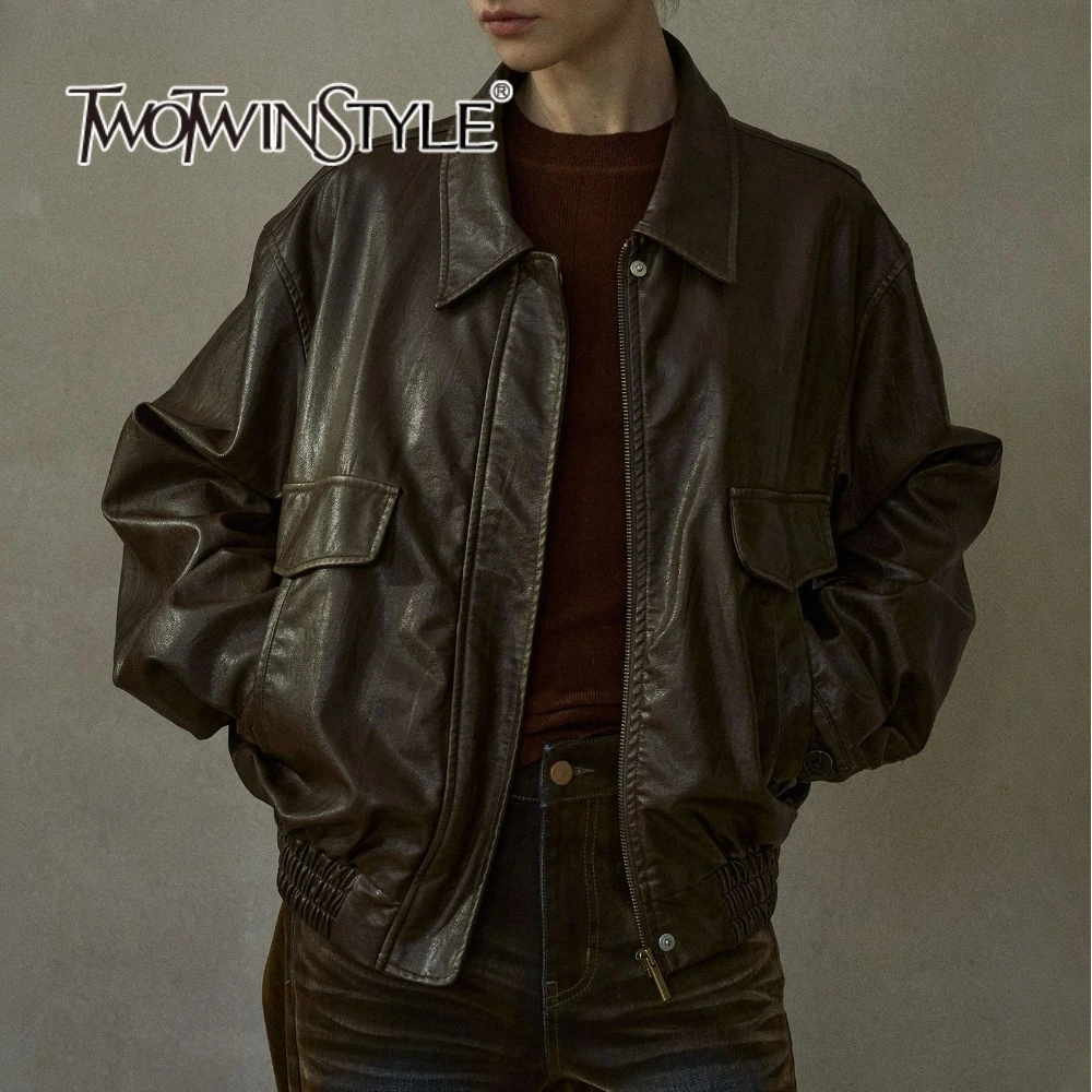 TWOTWINSTYLE Solid Loose Spliced Zipper Vintage Jackets for Women Lapel Long Sleeves Patchwork Pockets Leather Jacket Female New