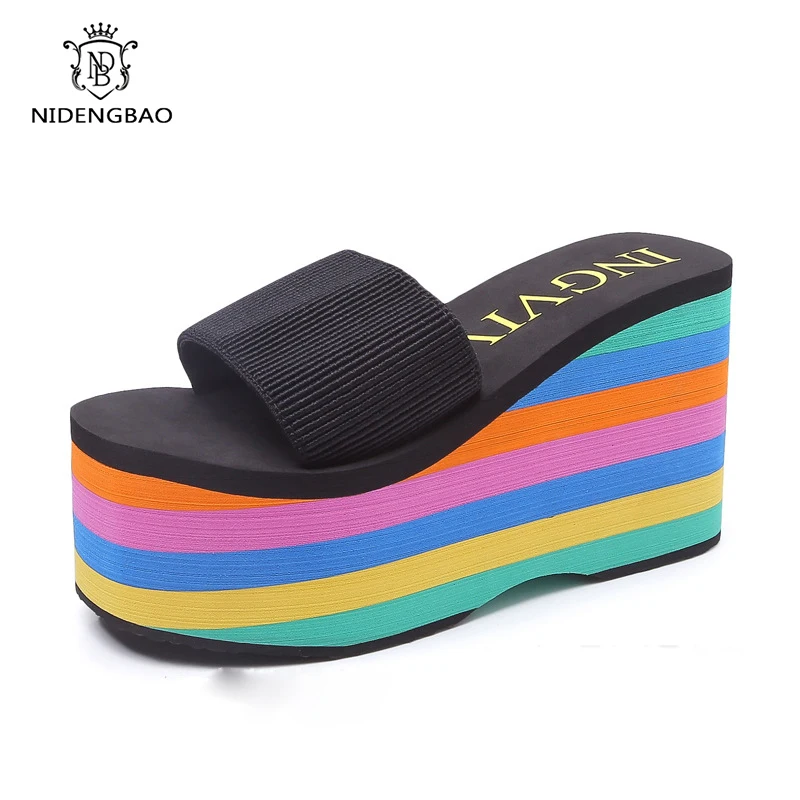 Women Flip Flops Beach Shoes Wedge Sandals High 9CM Heels Casual Peep Toe Platform Slippers Rainbow Summer Woman Slippers