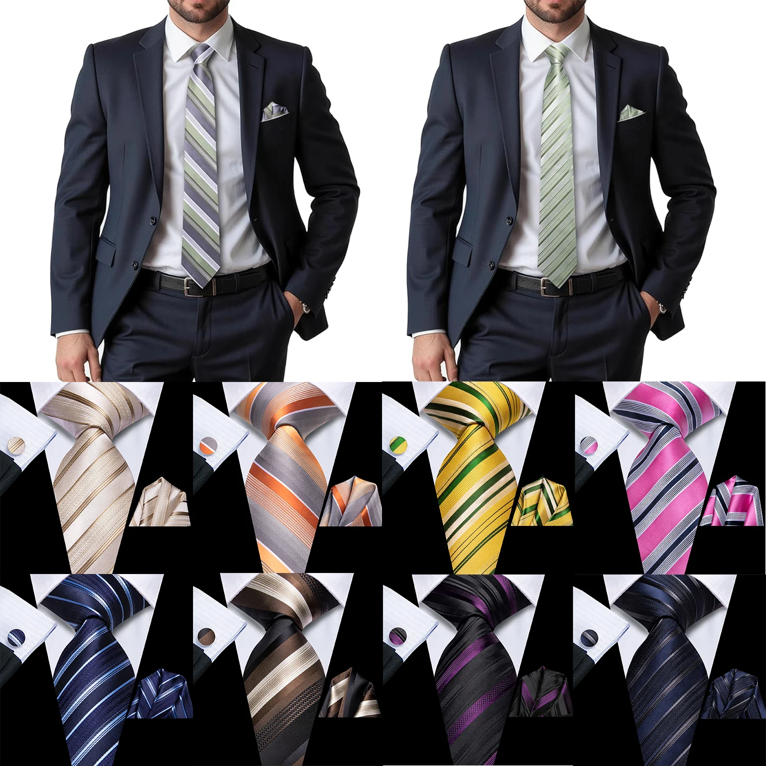 Classic Diagonal Striped Tie Set for Men Formal Business Wedding Party Prom Necktie Handkerchief Cufflinks 3PCS Suit Accessories