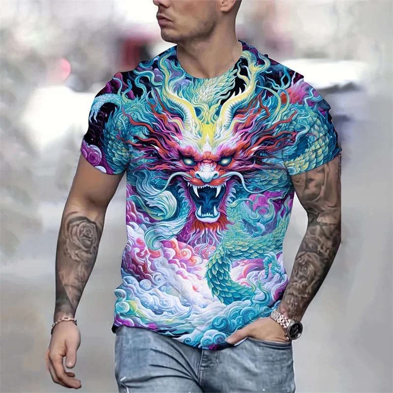 Dominant ice dragon 3D three-dimensional printing short sleeve men's retro China-Chic casual T-shirt Cyber mechanical dragon Eur