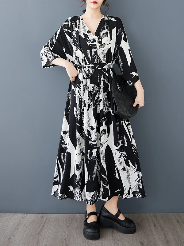 

Casual n V-ne ort Sve Long Dr Women plus Size Waist Belted Cardigan Sle Summer Beach Dr Sweet Loose Fit...