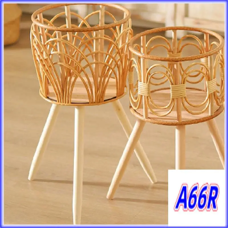 RR-Rattan Indoor Plant Stand Straw Woven Flowers Pot Holder Stool With Legs Floor Planter Baskets Rack Wooden Plant Shelf B Dura
