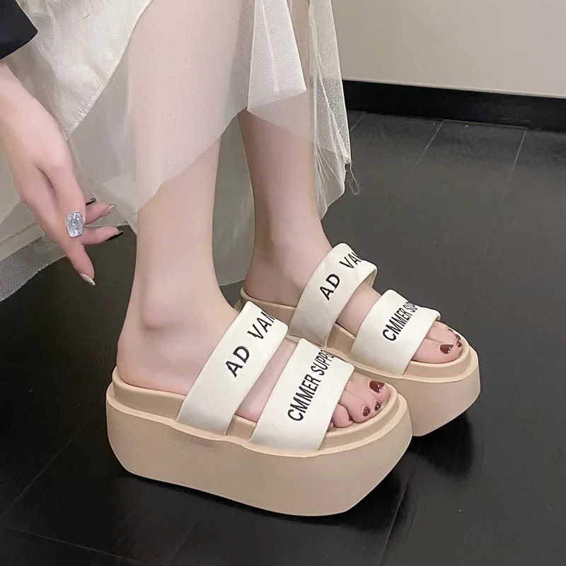 Summer 2023 Chunky Sandals Women\'s Thick Bottom Wedge Heels Slides 8CM High Heels Platform Leather Casual Beach Flip Flops Woman