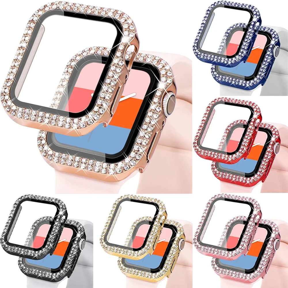 

Бриллиантовое стекло + чехол для Apple Watch, чехол 45/41 мм, 46/42 мм, 44/40 мм, HD-экран, закаленное стекло iWatch 11 10 9 8 7 6 5 SE, чехол