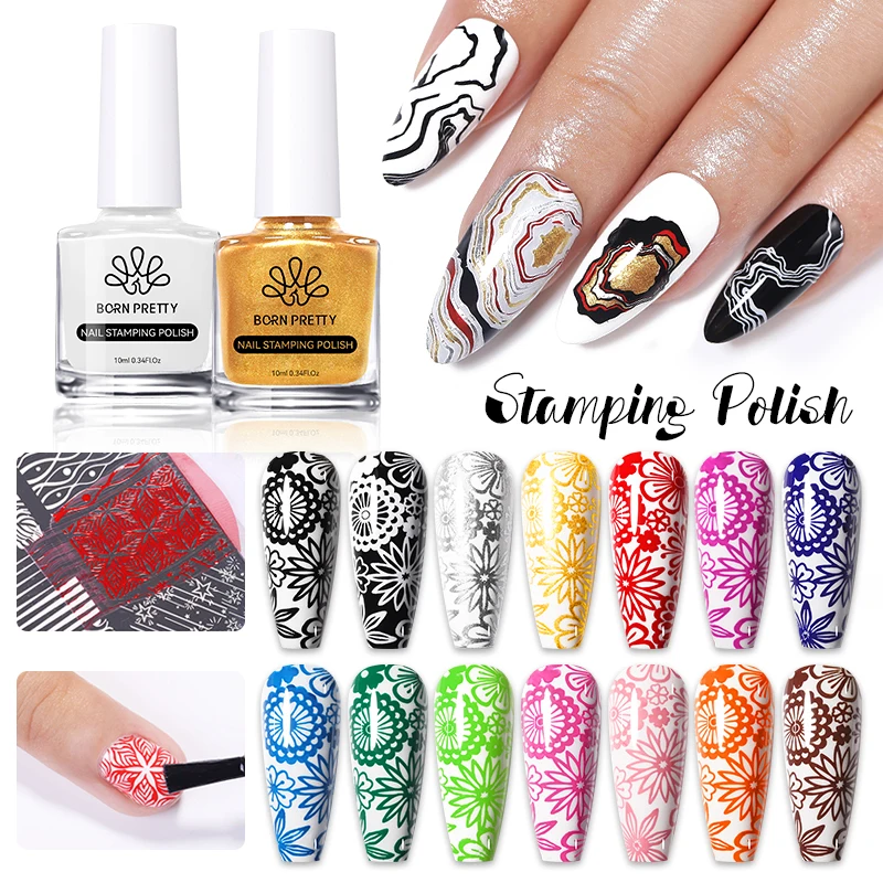 BORN PRETTY 10ml Nail Stamping Polish 25 Colors Black White Gold Nail Art Varnish With Peel Off Nail Latex No Smudge Top Oil