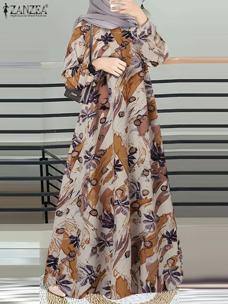 ZANZEA Vintage Muslim Abaya Turkey Hijab Sundress Robe Femme Long Sleeve Floral Printed Maxi Long Dress Kaftan Islamic Clothing