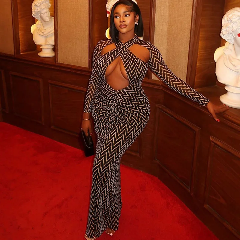 Vestido Maxi Bodycon com Estampa Listrada Sexy, Manga Longa, Recortes, Ajuste Slim, Elástico, para Festas e Clubes, Roupas Femininas