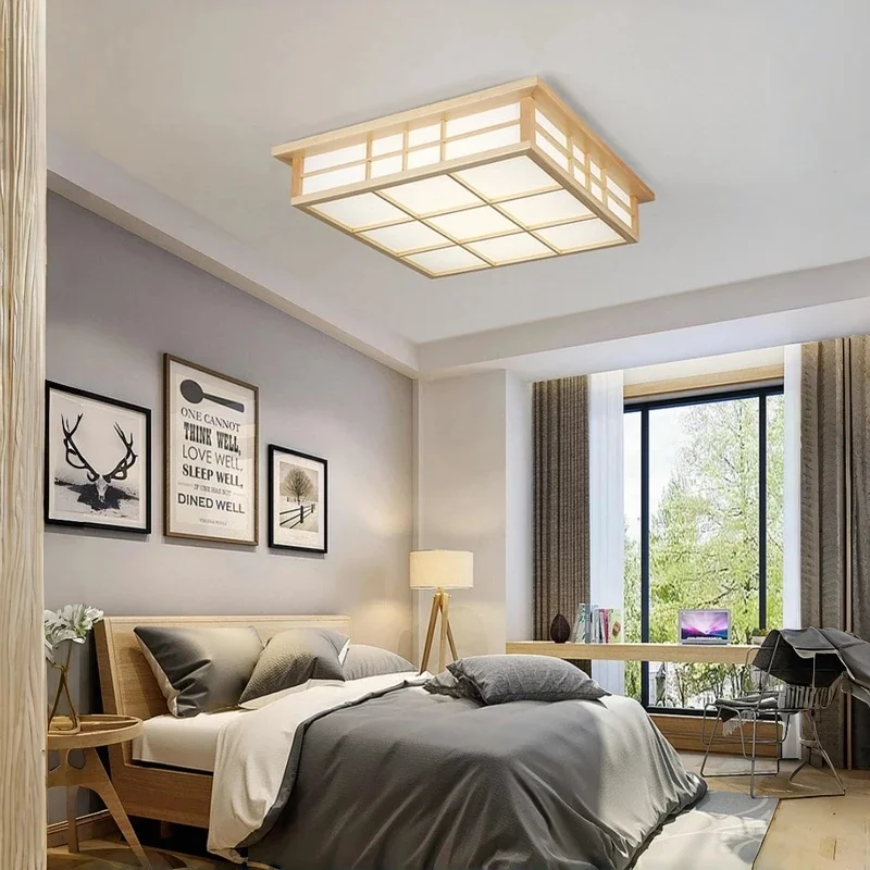 Natural Wood Japanese Style LED Ceiling Light Square Tatami Lamp for Bedroom Living Room