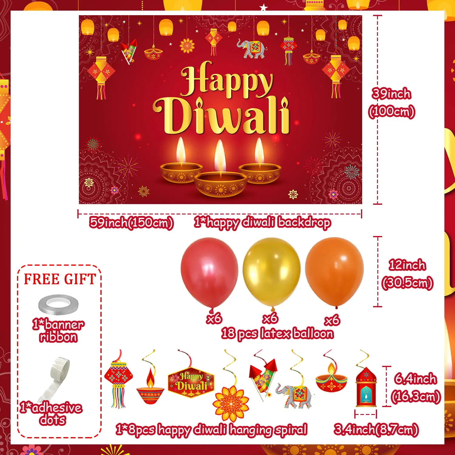 Happy Diwali Backdrop with Lights, Candles Pattern, Red Gold Balloon, Hanging Swirls, Party Decorations Supplies