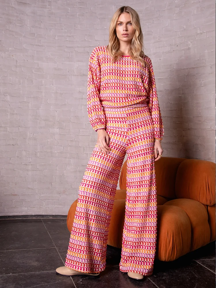 

2pcs Autumn Winter Pant Suits Women Outfits Knitted Pullover Strip Casual Top Wide Leg Pants Two-piece Set Women Outfit