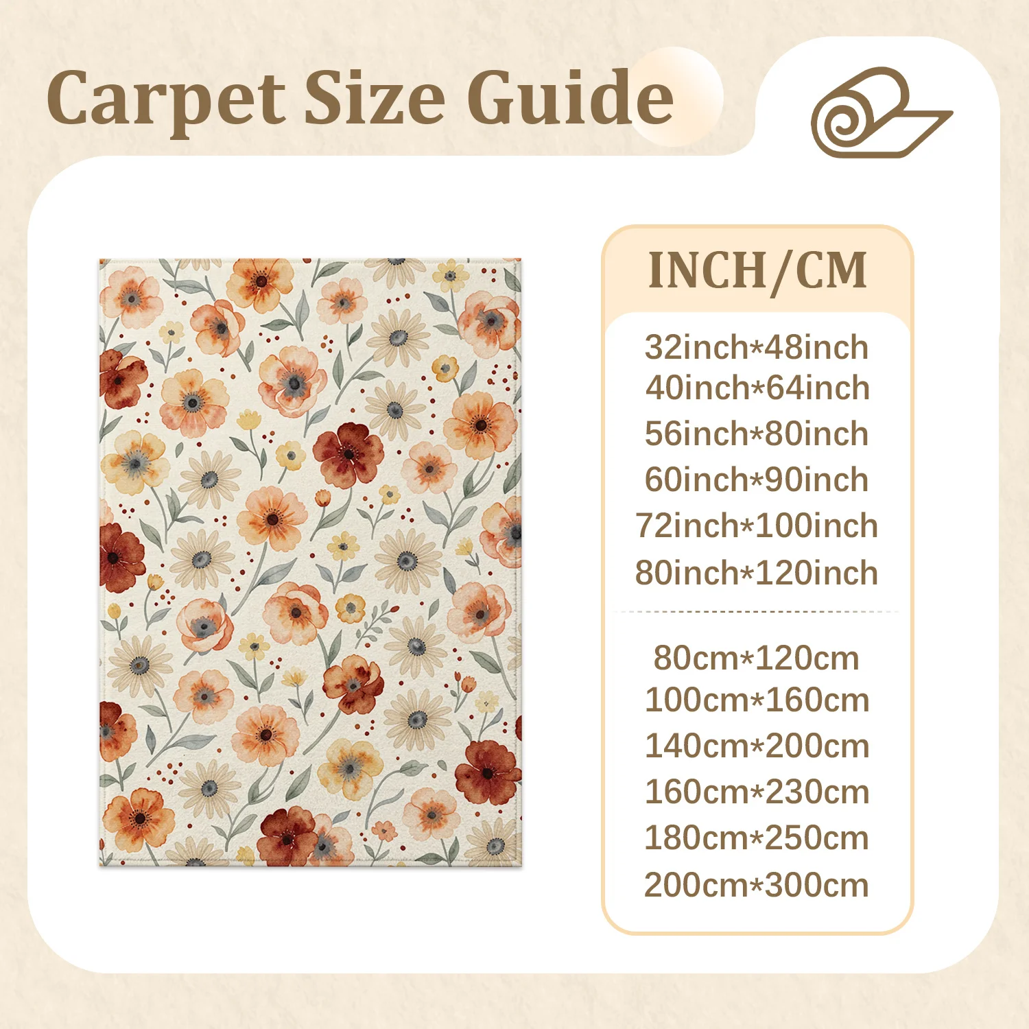 Watercolor Floral Area Rug, Velvet Machine Washable Floor Rug for Living Room Bedroom Dining Room Entryway, Ideal for Halloween Thanksgiving Christmas New Year Home Decor, Cozy Soft Indoor Accent Rug for Holiday Use