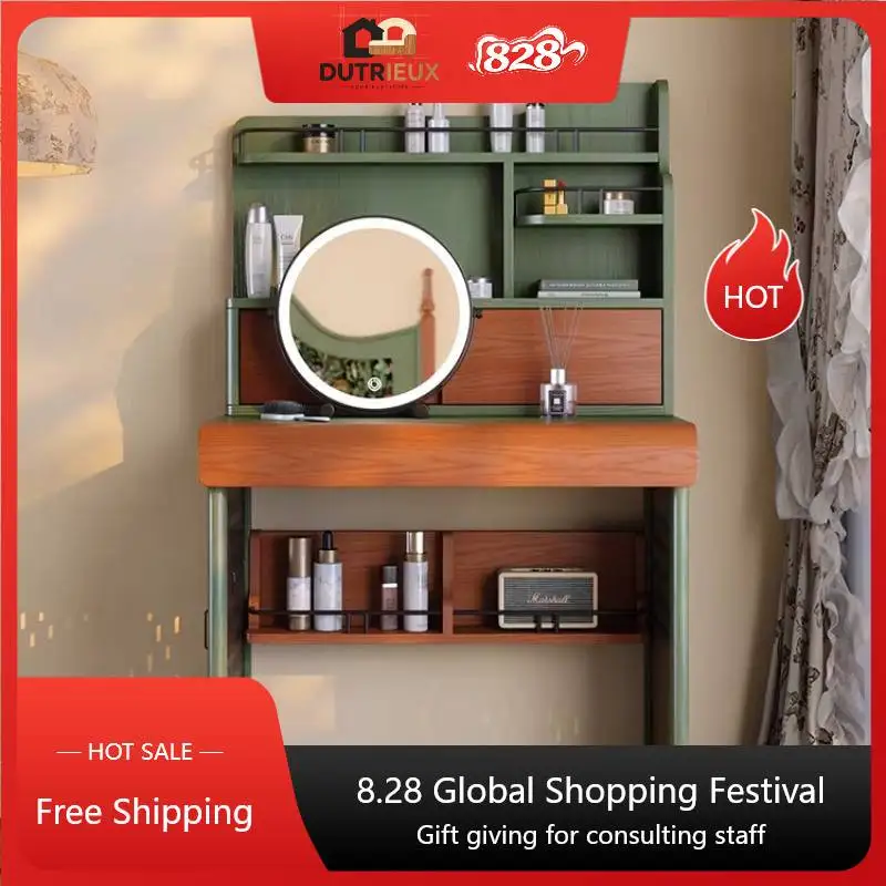 Nordic French Vanity Table Storage Aesthetic Beauty Wooden Makeup Cabinet Mirror Adult Luxury Penteadeira Feminina Furniture