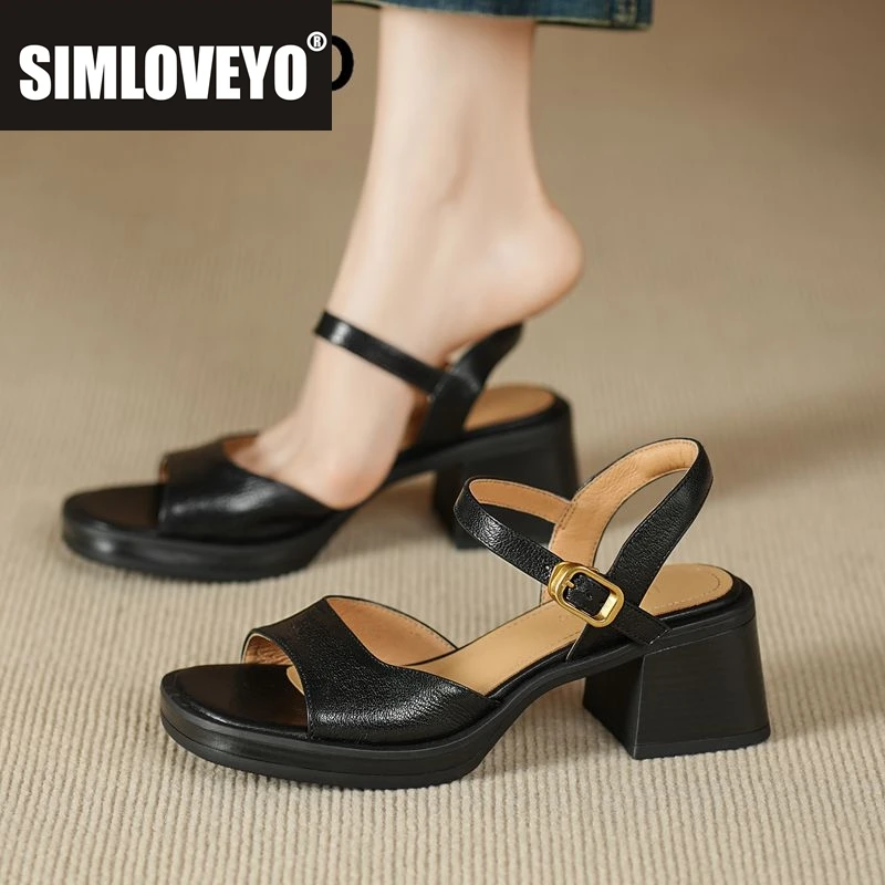 

SIMLOVEYO винтажные женские сандалии из натуральной кожи с круглым носком на массивном каблуке 6 см, мягкая повседневная женская обувь из овчины с пряжкой и ремешком