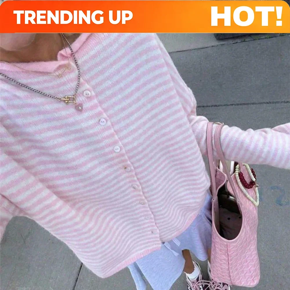 Customization Y2K Stripes Cardigan For Women Long Sleeve Knitwear Streetwear Women's Pretty Cropped Sweater Female Fall