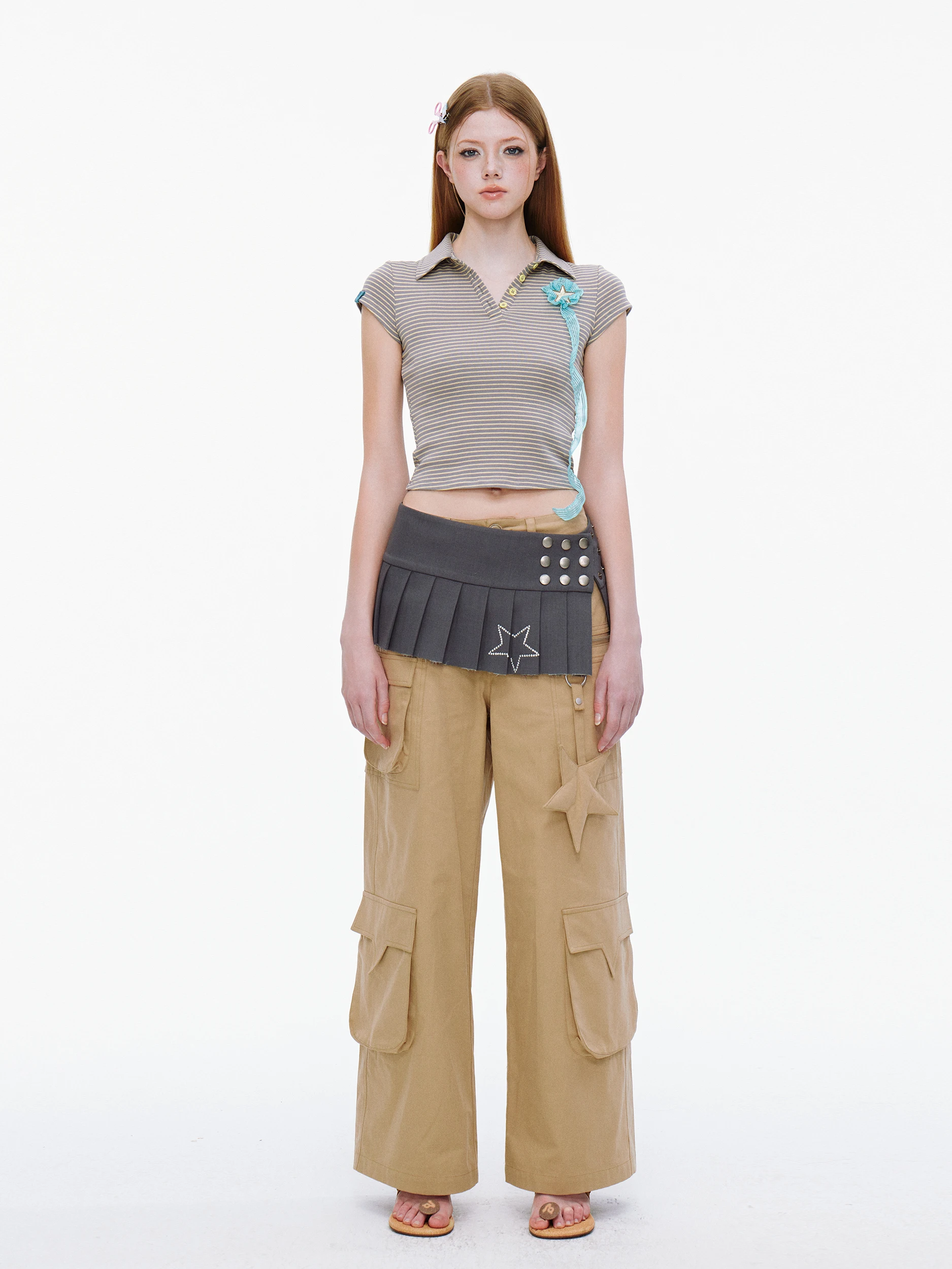 

JIKOO Lemon Wave Summer Striped ort Sve Women's Ne Elastic Splicing Star Ribbon T-irt Street Sle Loose Fit Co...