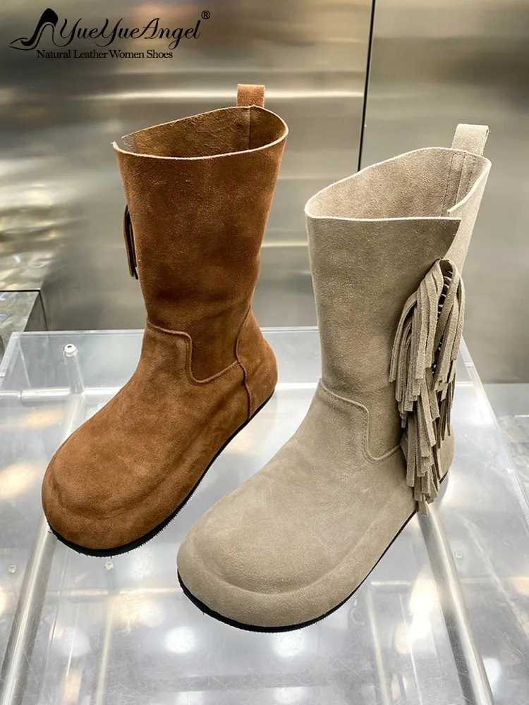 Women Autumn Vintage Tassels Slip on Real Cow Suede Leather Ankle Boots New Thick Platform Round Toe High Top Work Safety Shoes