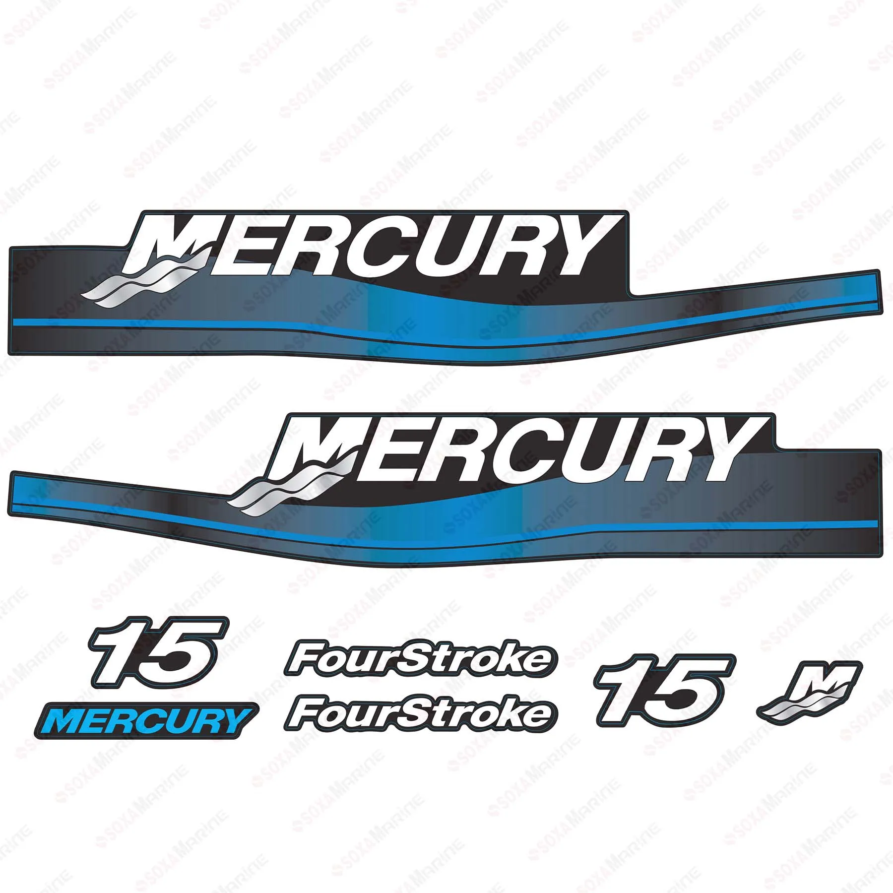 Blue Decal Kit Sticker Set for Mercury 15 HP Four Stroke 1999-2006 Year Outboard Engine  Reproduction 15hp 4-Stroke