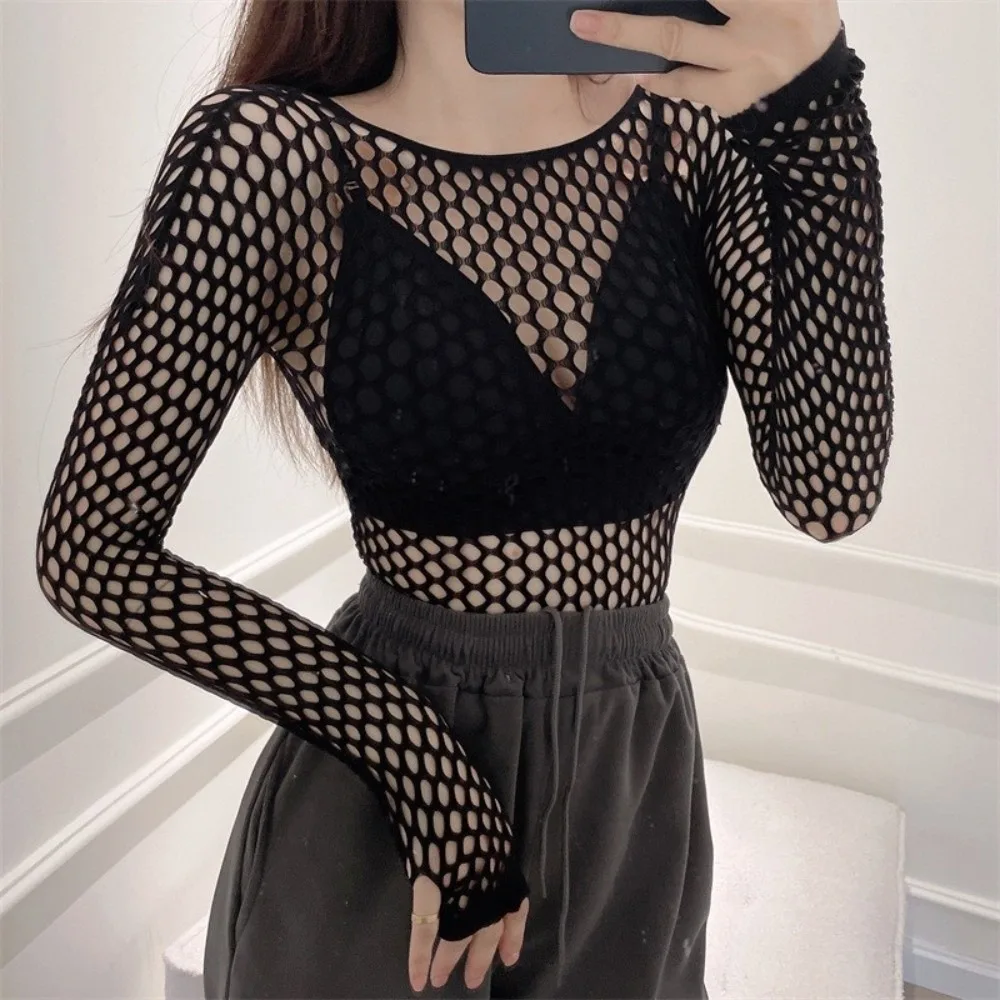 Camiseta de malla de diseño Sexy de verano, Material transparente, camiseta transparente calada, Color negro, tela suave, Top de rejilla, diseño de cuello alto