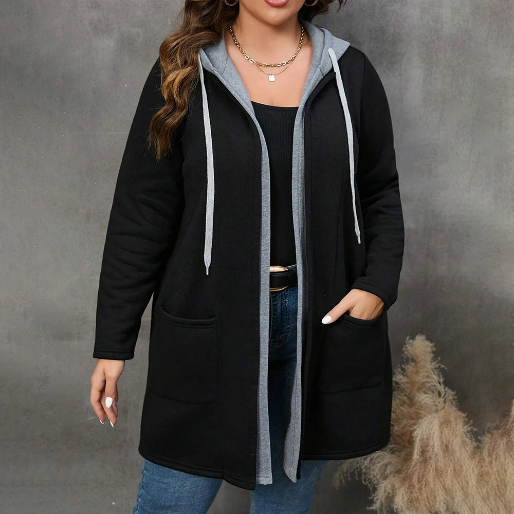 Autumn/Winter Cardigans Jacket Top Women Hoodie Plus Size Casual Pocket Fake Two-Piece Drawstring Hooded Colorblock Long Coats