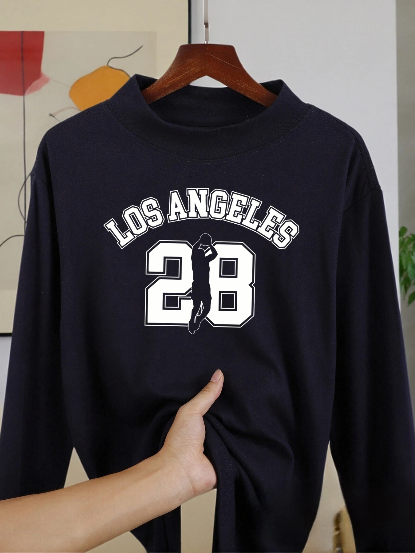 

Los Angeges Number 28 Long Sleeved Shirts Casual Half High Collar Clothes Fit Thickened Tops Soft Fashion Autumn Base Layer