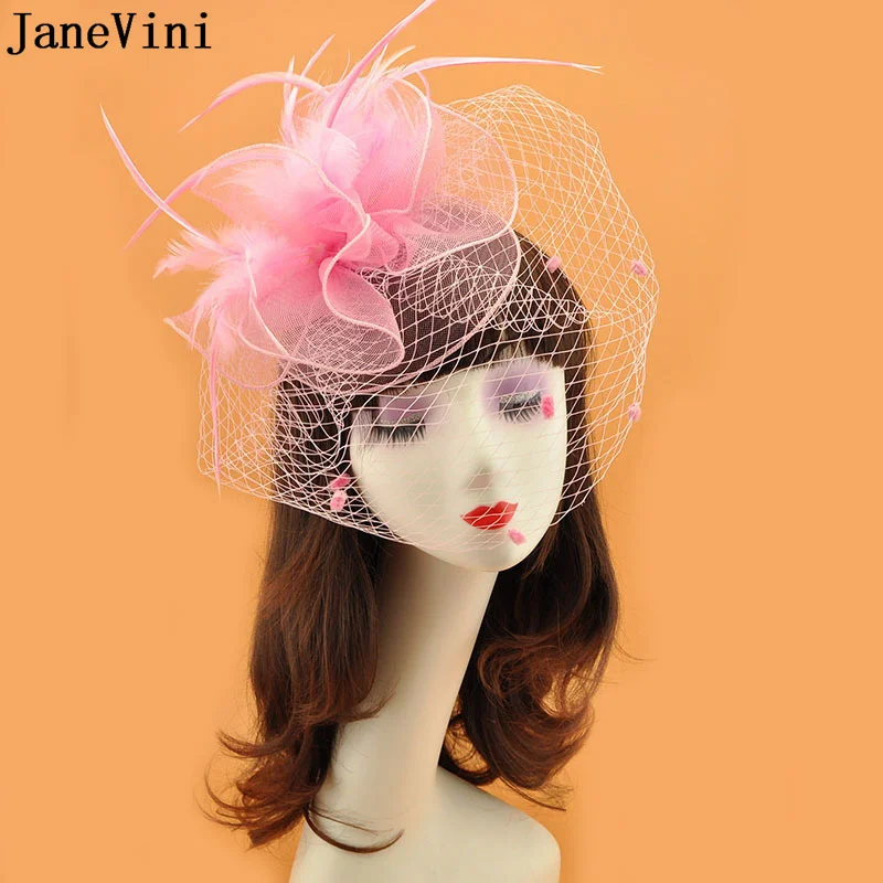 JaneVini 2022 Fascinators Bride Wedding Hats with Face Veils Feathers Headdress Cocktail Party Church Bridal Formal Headpiece