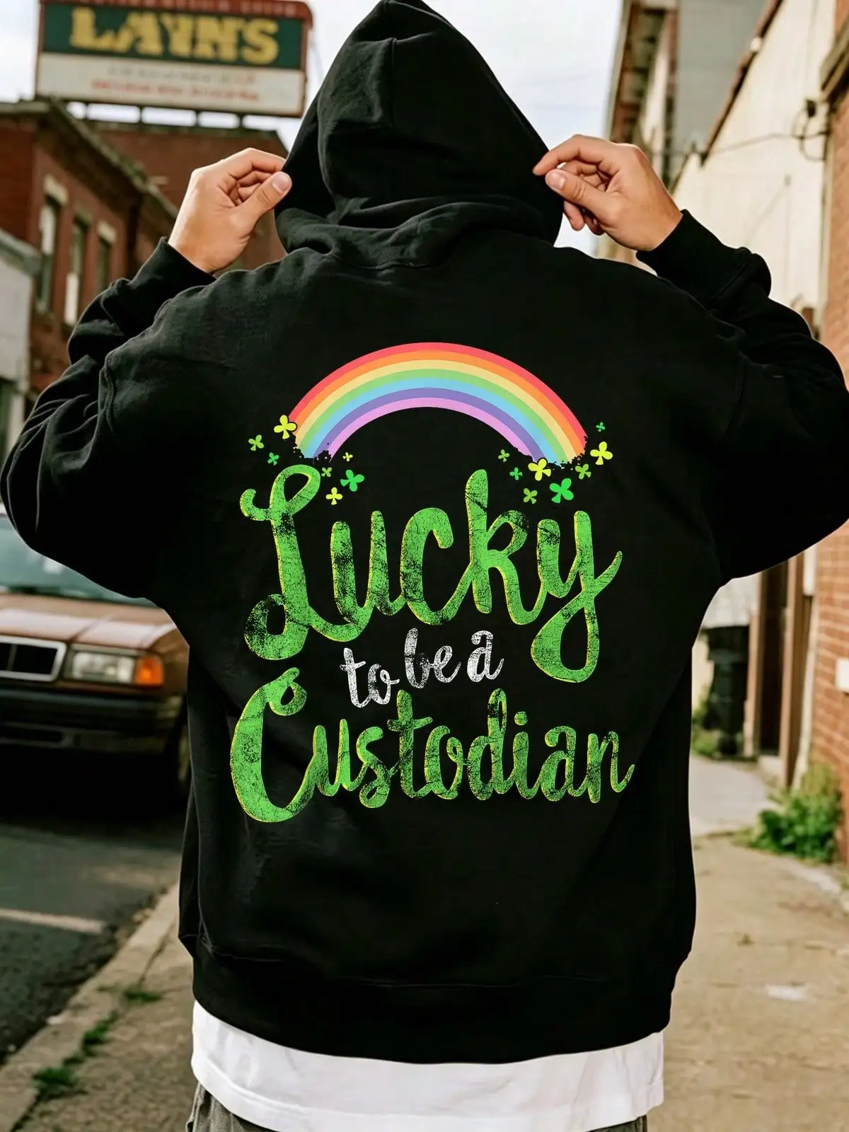 Mens Casual Simple Drawstring Hoodies, Lucky Custodian Back Print, Long Sleeve Sweatshirt Pullover With Pocket