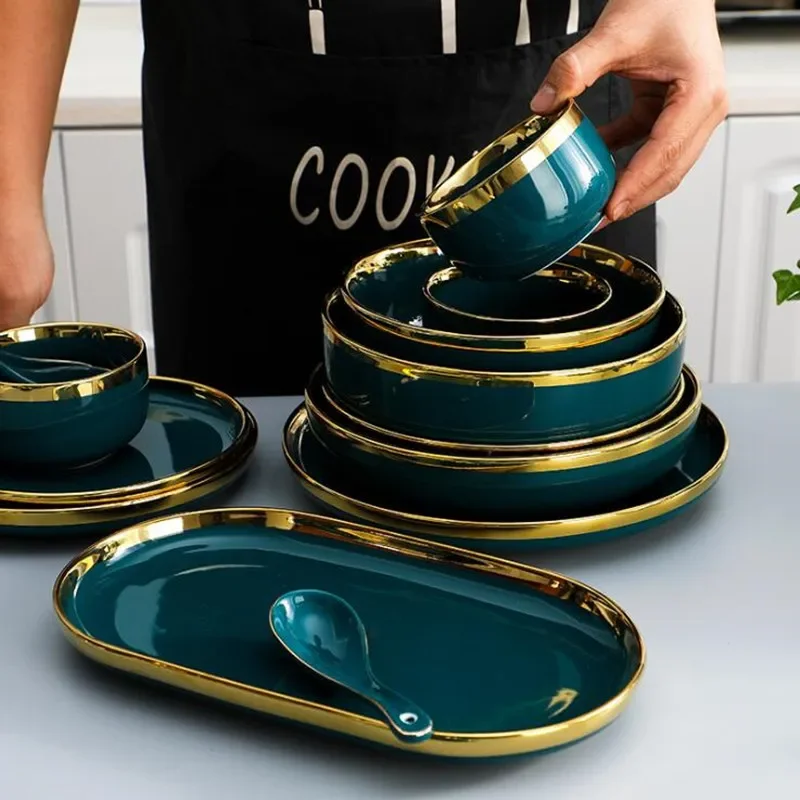 Green Ceramic Plate Steak Food Plates Bowls Ins Dinner Dish Luxurious Porcelain Dinnerware Set For Family Hotel