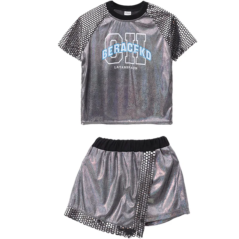 Boys Hip Hop T shirt Girl Jazz Shorts 2 Pcs Set Kids Sequin Shine Street Dance Cheerleading Stage Performance Uniform