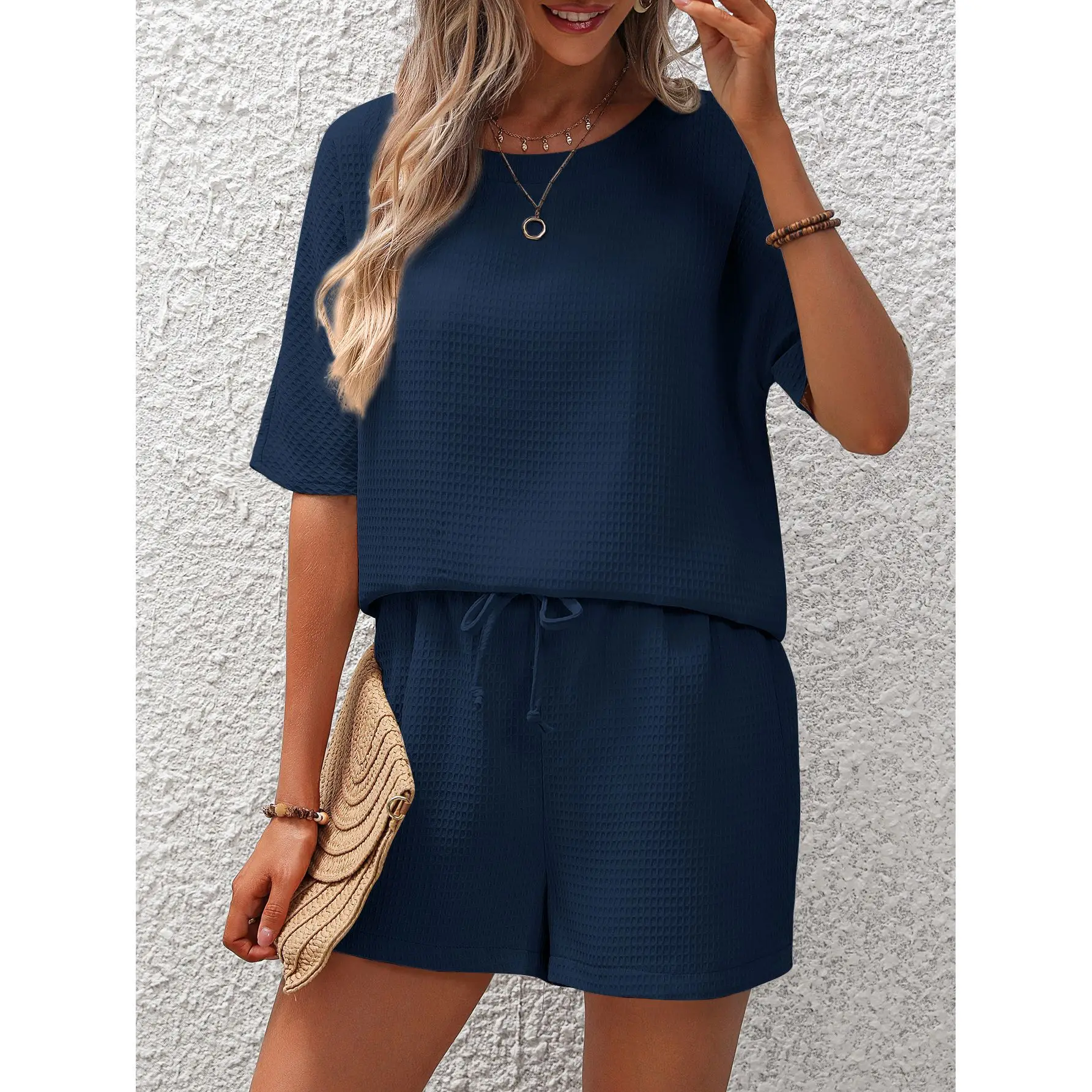 Summer Short-sleeved Suit For Women New Fashion Round Neck Solid Color Foreign Style Bat Shirt 2024 Lace-up Shorts Two-piece Set