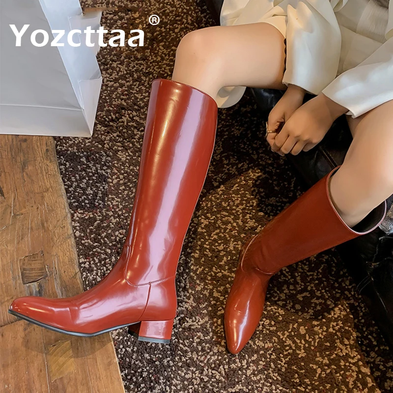 Yozcttaa Size 34-40 Women Knee Boots Pattern Real Leather Low Heels Shoes Women Wide Calf Long Black Boots Office Lady Dress