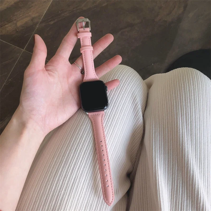 애플 워치 밴드용 슬림 가죽 스트랩, 아이워치 시리즈 10, 7, 8, 9, SE, 6, 5, 4, 울트라 2, 44mm, 45mm, 49mm, 41mm, 40mm, 38mm, 42mm, 46mm