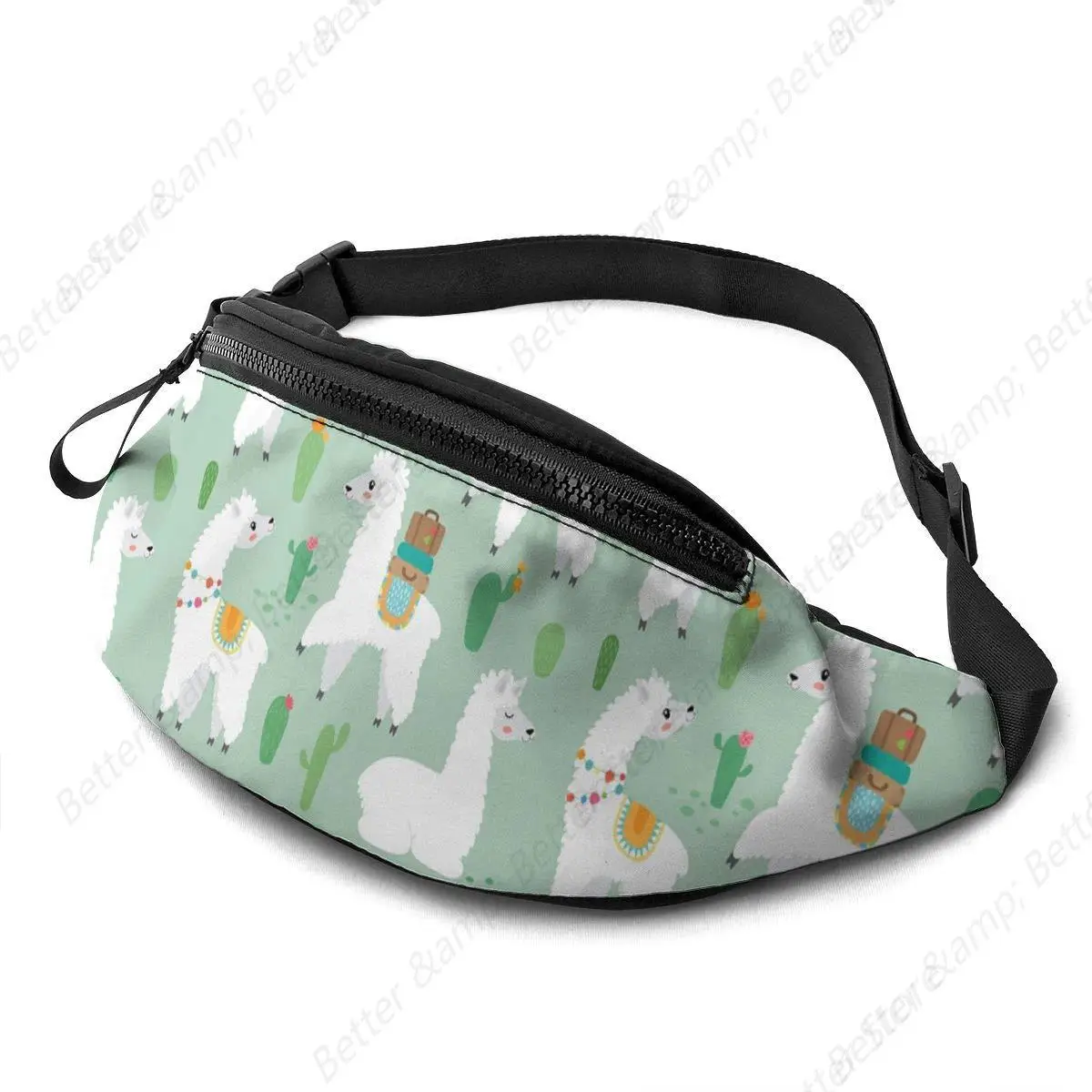 Cute Llama Set with Cactus Waist Bag with Headphone Hole Belt Bag Adjustable Sling Pocket Fashion Hip Bum Bag for Women Men