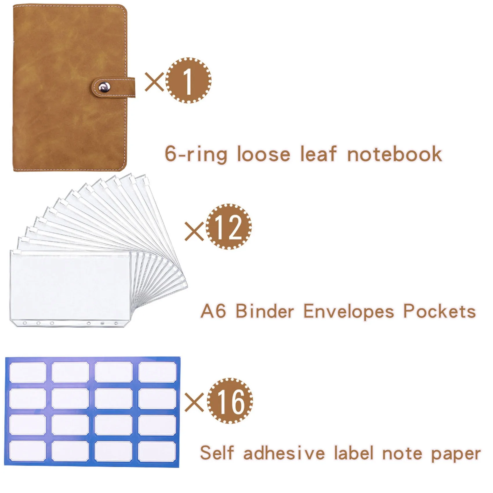 Brown Budget Binder, PU Leather Wallet for Cash Vouchers, Planner Notebook Cover with 12 Zip Envelopes
