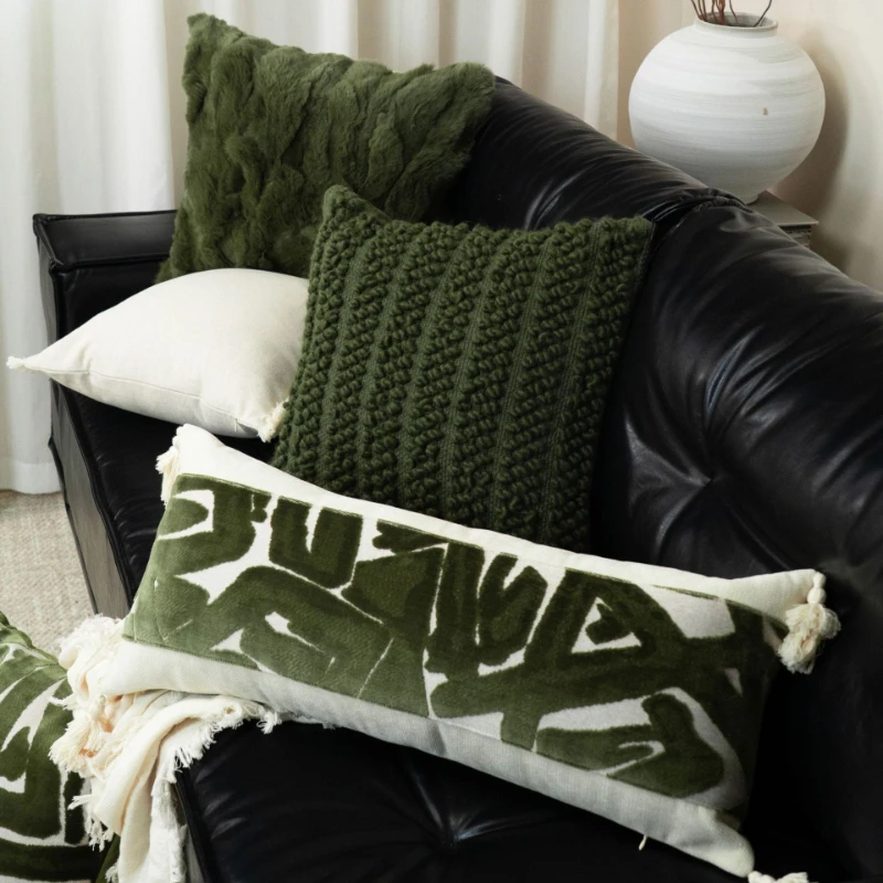 Mid Century Antique Green Cotton Polyester Pillow Cover Wabi Sabi Square Cushion Cover for Sofa Living Room Decor